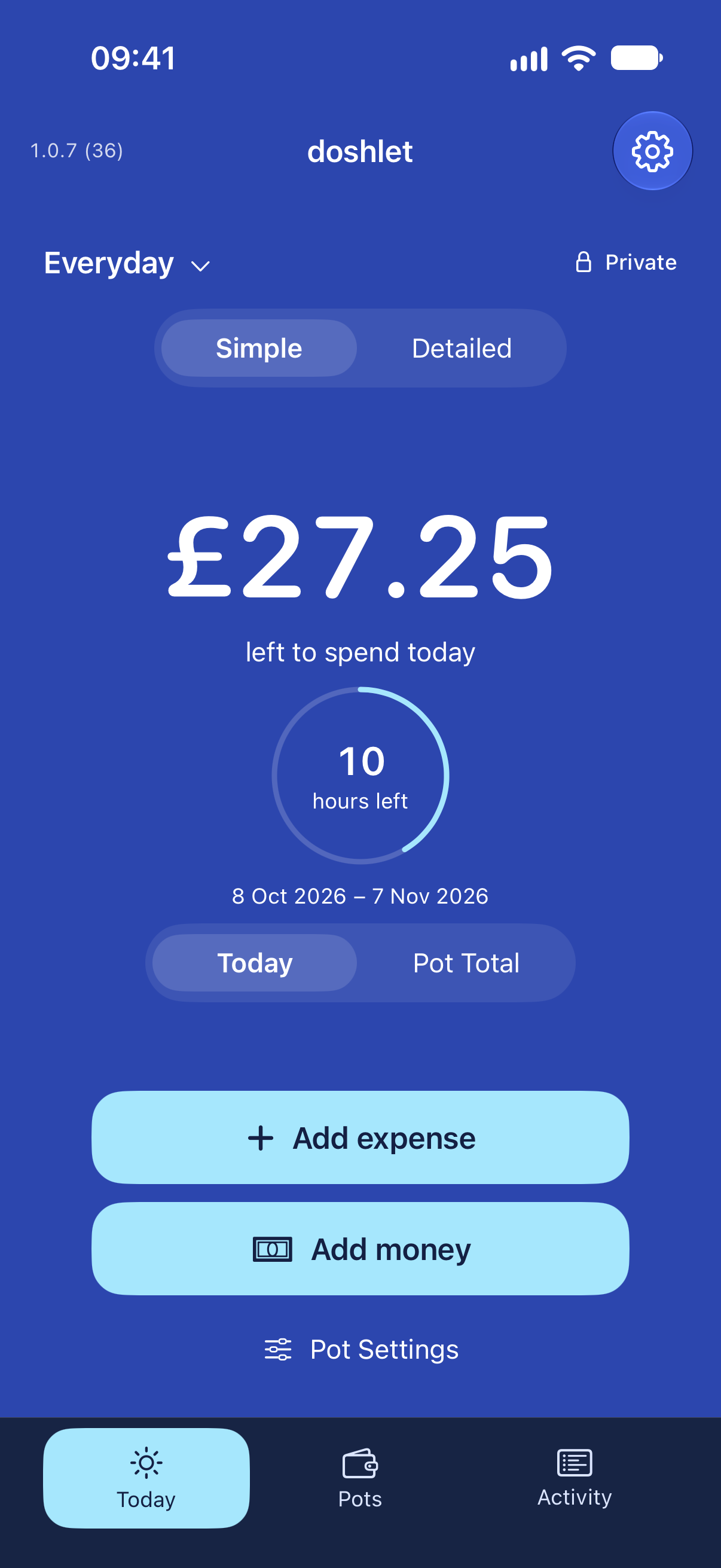 The current Doshlet Simple view, with a large daily allowance, hours-left ring and Add expense and Add money buttons